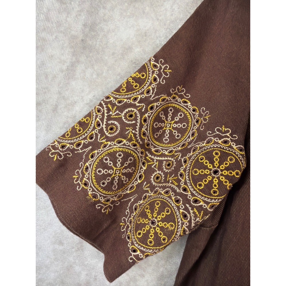 Dana Buchman Shift Dress Sz 8 Brown Embroidered Linen Blend Short Sleeve Boho - Picture 3 of 6